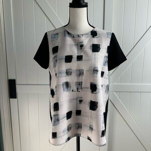 Zara Basic Black Abstract Print Blouse Size Medium M High Low Hem